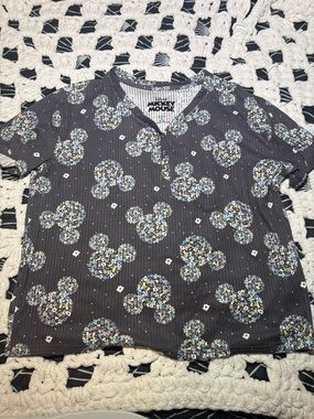 Disney Mickey Mouse Floral Print Ribbed Henley Top - Charcoal, Blue, Yellow